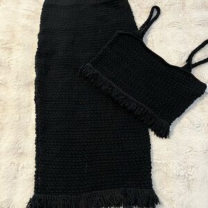 Aqua Black Knit Fringe Skirt Set